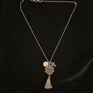 Lucky Brand necklace with pendant, tassel, cross charm & medallion. EUC